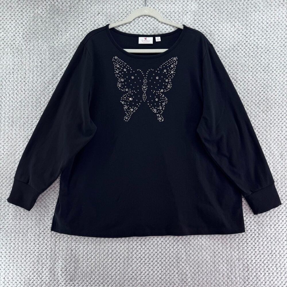 Quacker Factory Top Womens 2X Black Silver Butterfly Rhinestones Long Sleeve